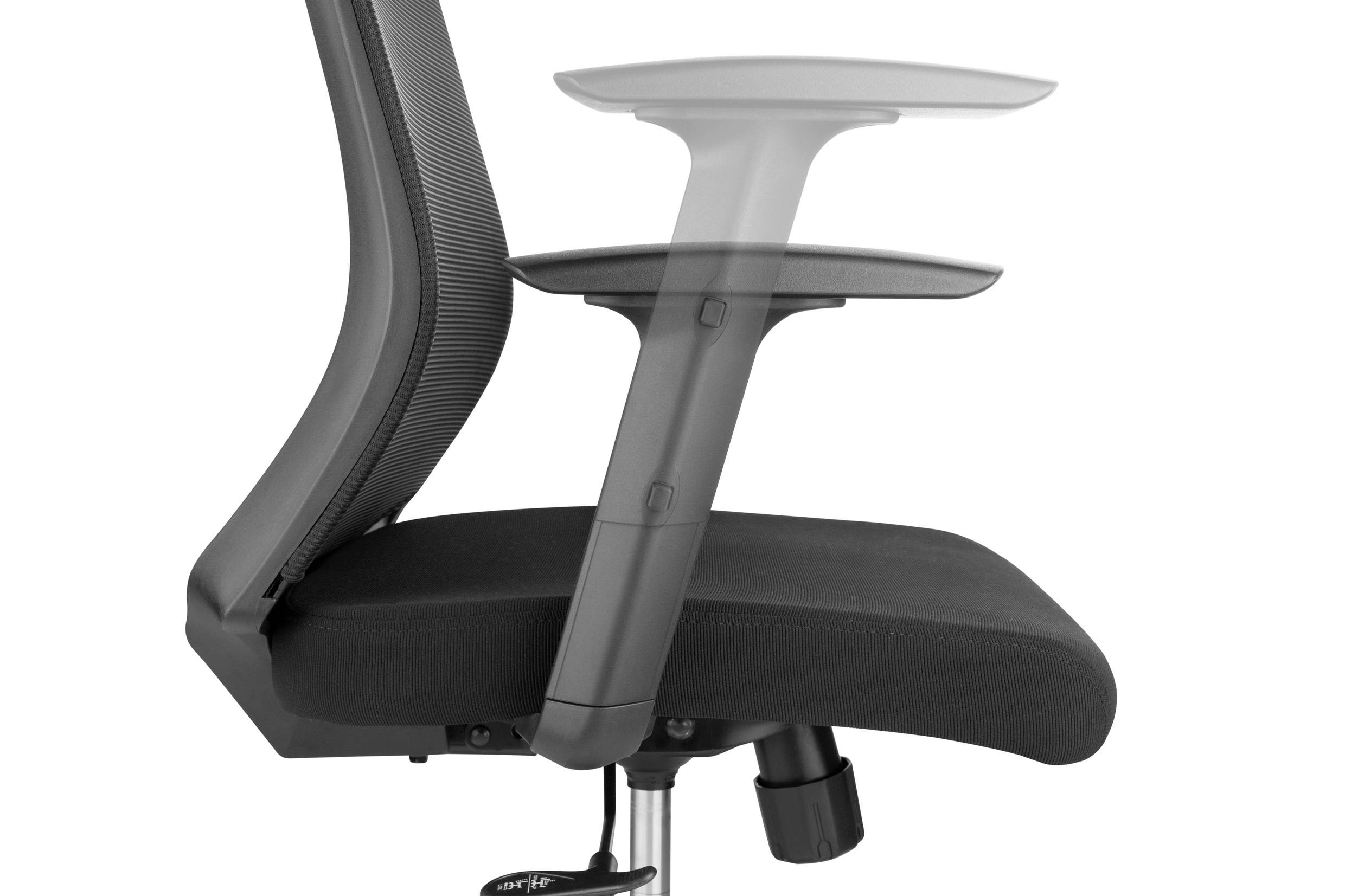 Kancelářská židle s nastavitelnými područkami a ergonomickým designem, zobrazená z bočního pohledu se zaměřením na mechanismus výškového nastavení.