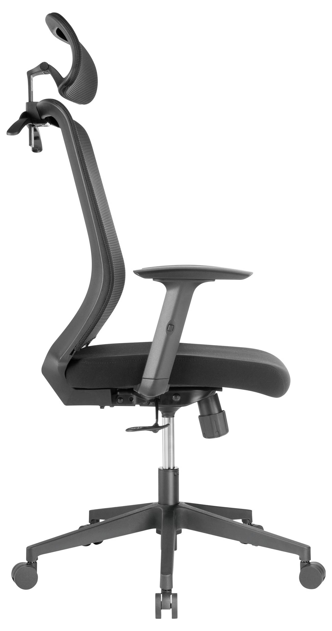 Ergonomická kancelářská židle s vysokým opěradlem, nastavitelnou opěrkou hlavy a područkami, černý design, boční pohled.