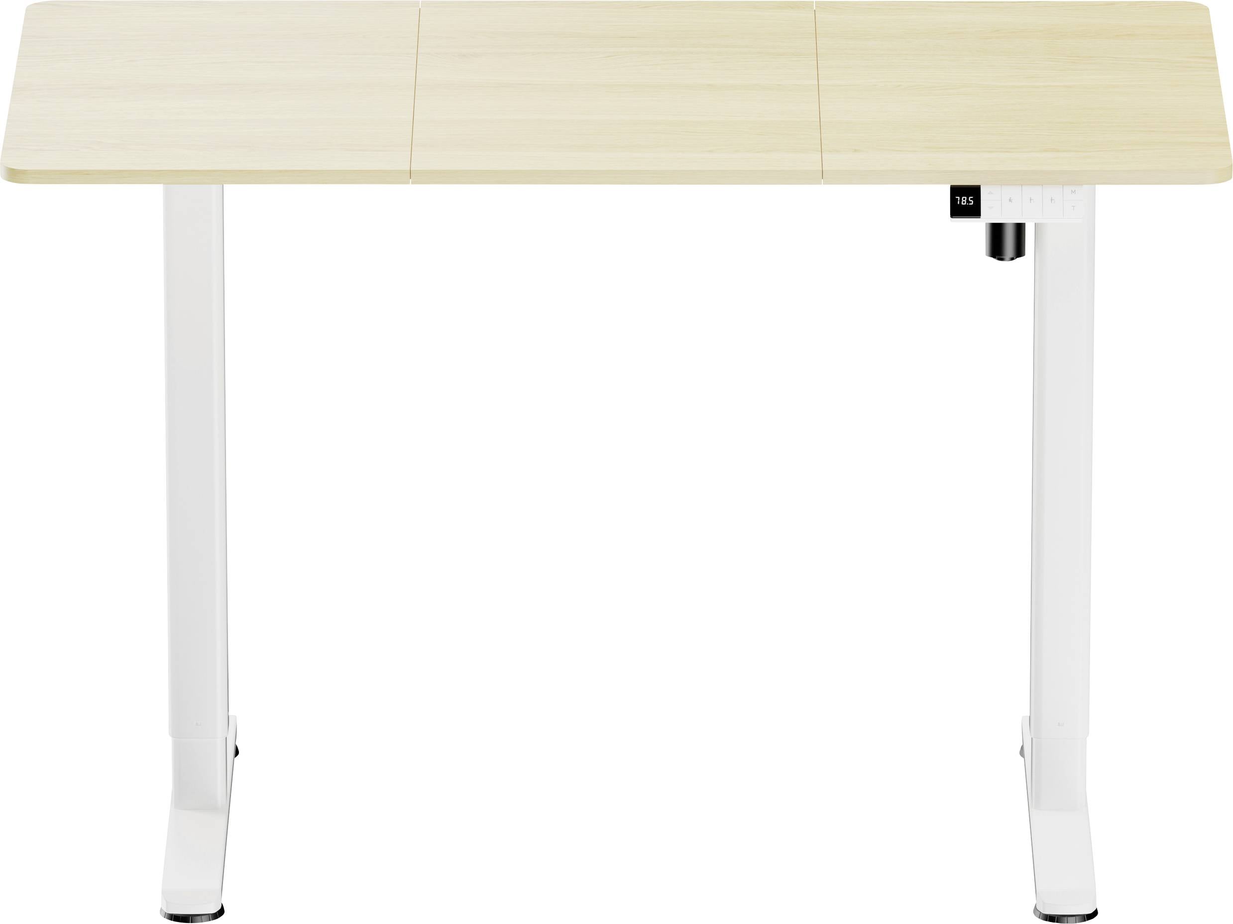 Výškově nastavitelný stůl se světovou dřevěnou deskou a bílýma kovovýma nohama. Ideální pro ergonomickou práci v kanceláři nebo doma.