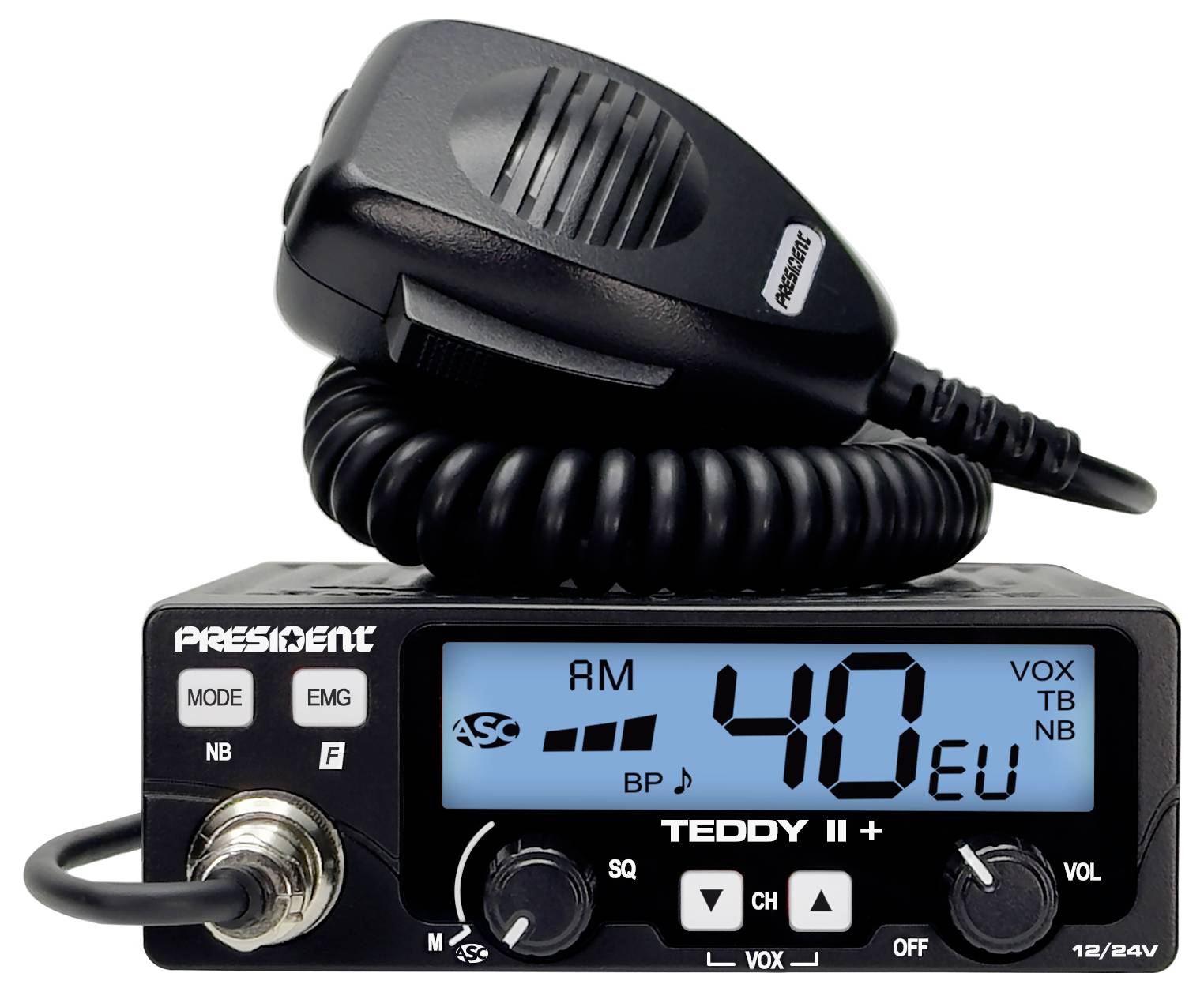Radiostanice CB s mikrofonem zobrazuje velký digitální displej s číslem kanálu '40' a provozním módem 'AM'.