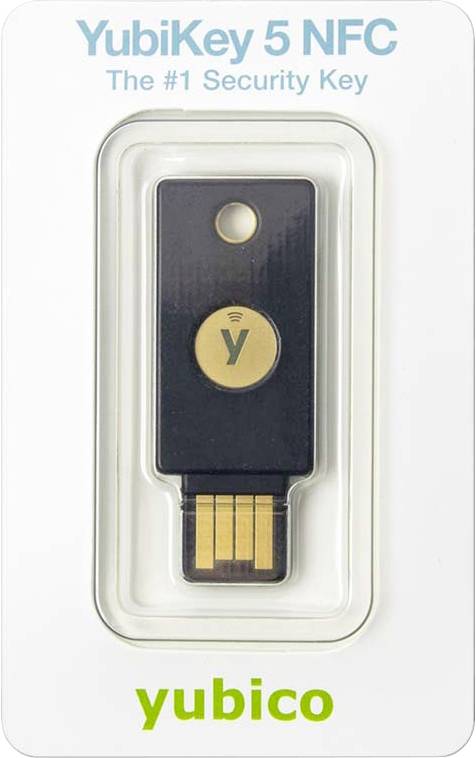 Balení klíče 'YubiKey 5 NFC' od společnosti Yubico, popisovaný jako 'Bezpečnostní klíč číslo 1'.