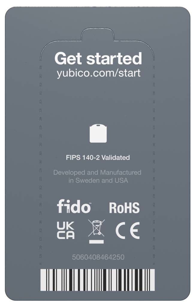 Zadní strana obalu s textem 'Začněte na yubico.com/start'. Obsahuje certifikace FIPS 140-2, UKCA, RoHS a fido.