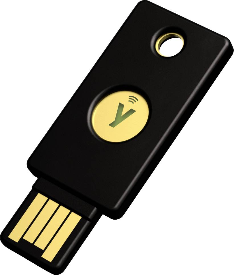 Černý USB bezpečnostní klíč se zlatou kontaktní částí a kruhovým symbolem uprostřed.