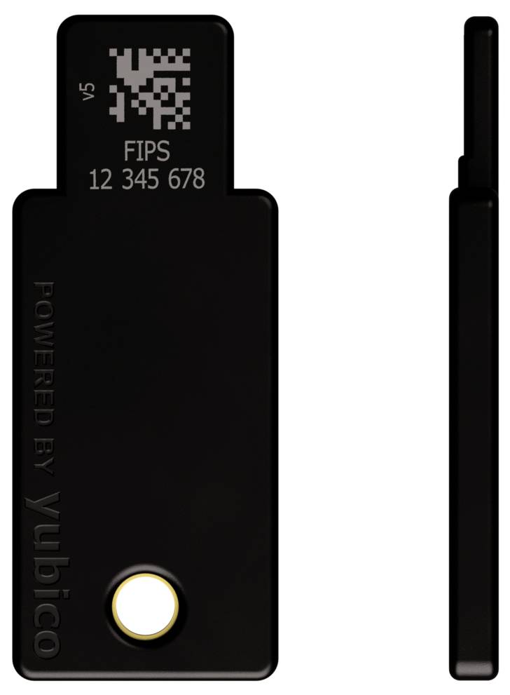 Černý USB flash disk od Yubico se zlatým kontaktním bodem a nápisem 'FIPS 12 345 678'.