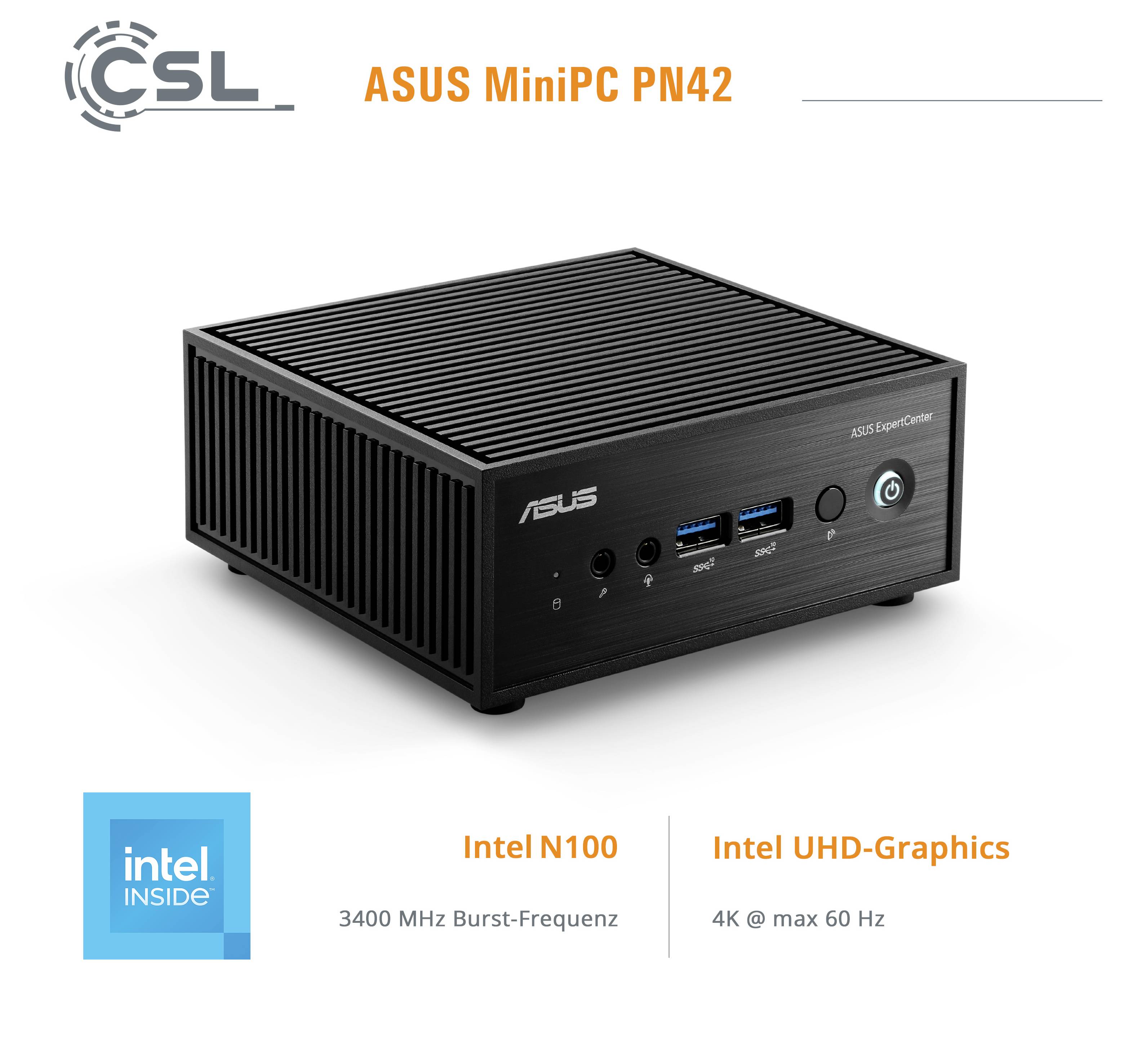 'ASUS MiniPC PN42 s procesorem Intel N100, grafickou kartou Intel UHD Graphics, maximální frekvencí 3400 MHz a rozlišením 4K zobrazeným až 60 Hz na předním panelu.'