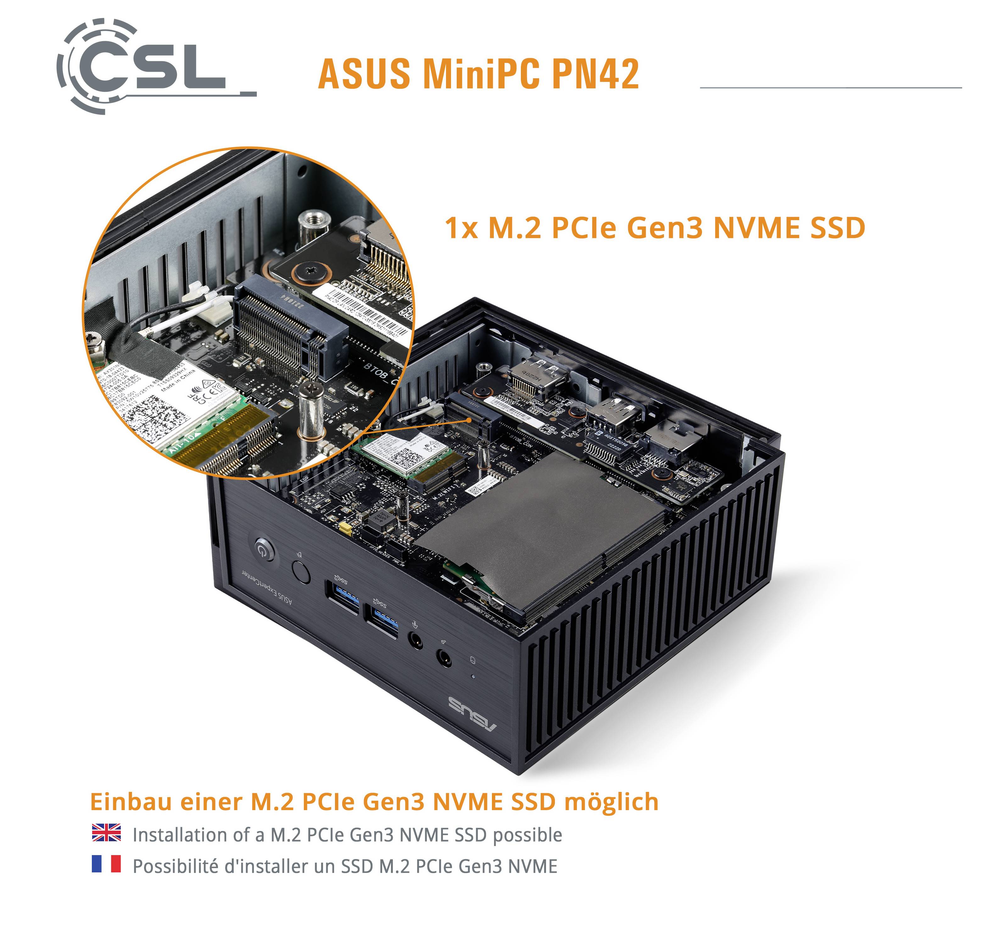 ASUS MiniPC PN42 s nainstalovaným 1x M.2 PCIe Gen3 NVME SSD. Obrázek ukazuje otevřený pohled na MiniPC se zobrazenými komponenty.