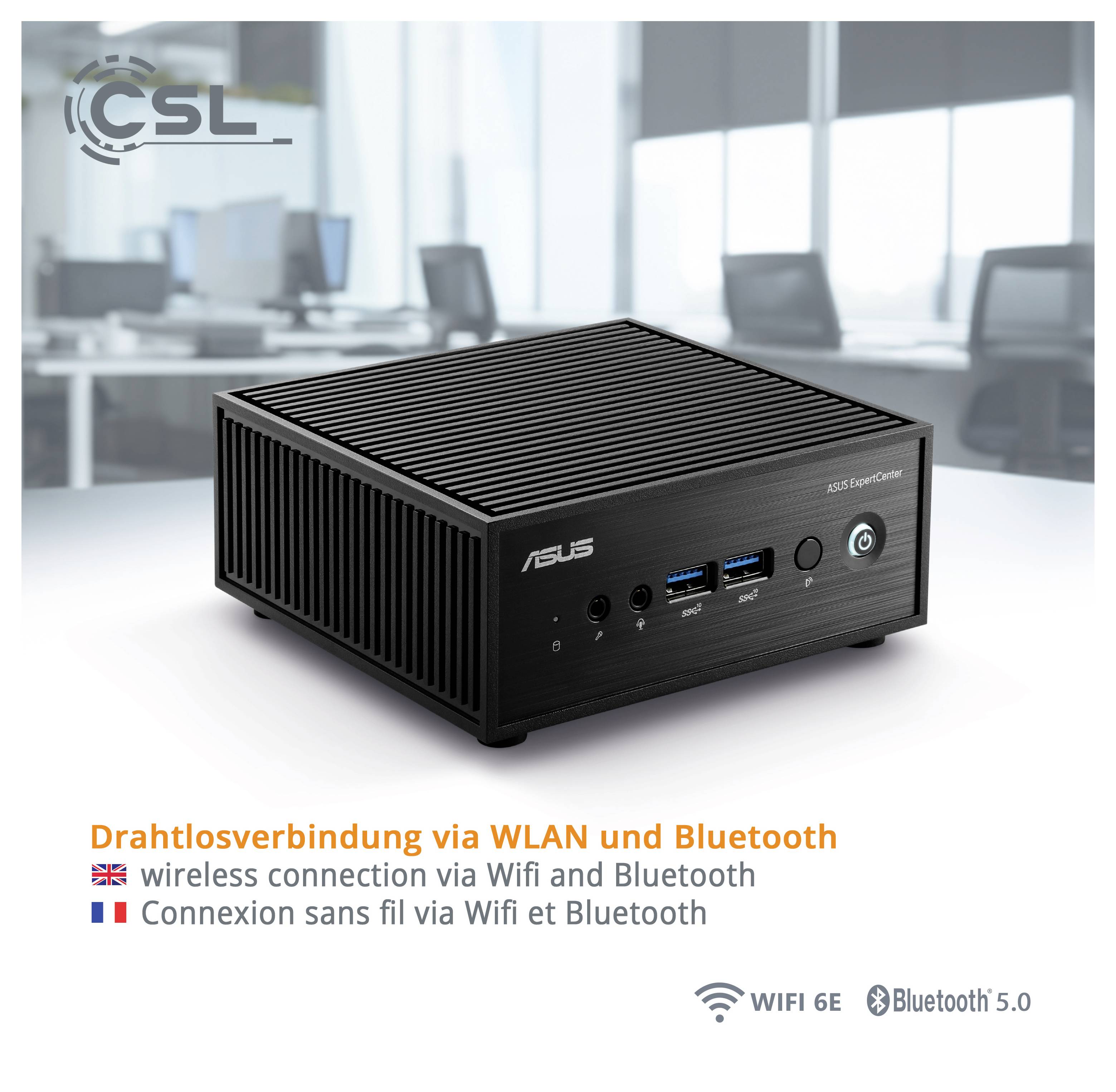 Kompaktní černý počítač s několika USB porty, označený štítkem 'Bezdrátové připojení pomocí WLAN a Bluetooth'. Nabízí konektivitu WiFi 6E a Bluetooth 5.0.