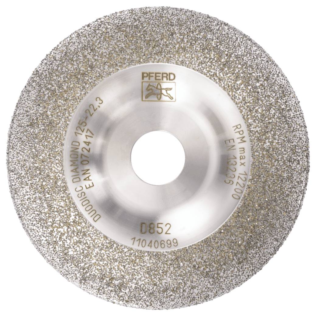 Brusný nebo řezací kotouč s nápisem: DUODISC DIAMOND 125x22,23. EAN 40164730. Max 12200 ot./min. EN 123959.