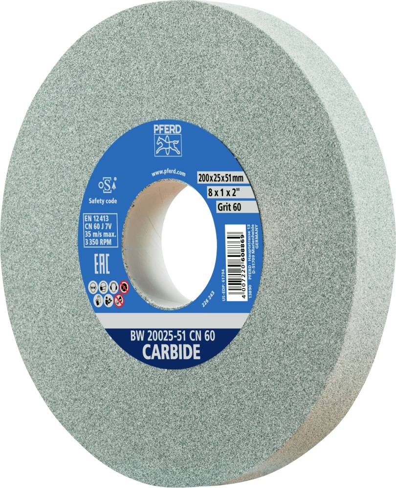 Brusný kotouč s etiketou 'PFERD CARBIDE', 200x25x51 mm, zrnitost 60, určený pro přesné broušení tvrdých materiálů.