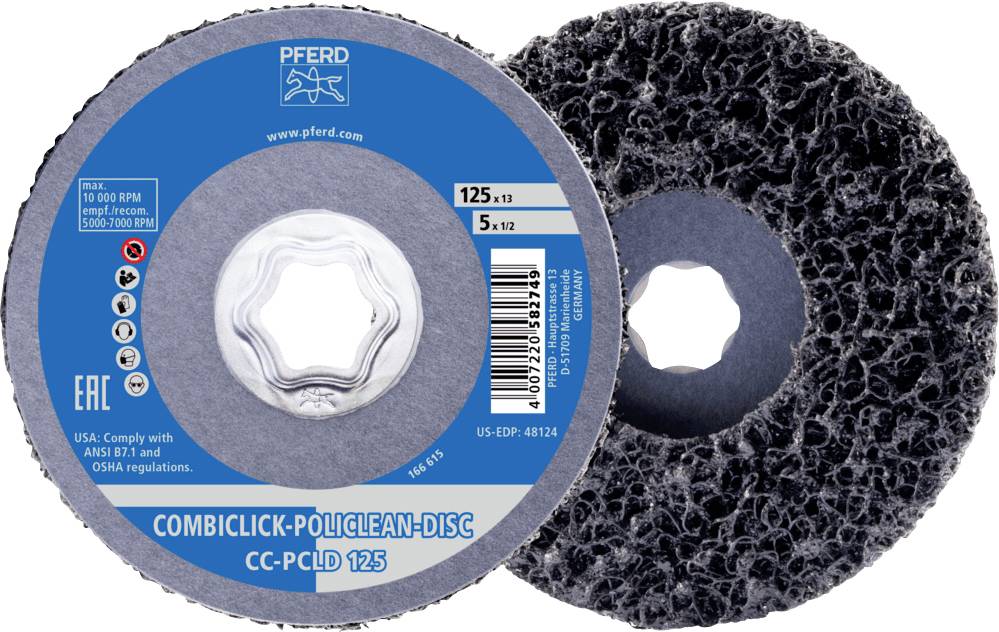 'COMBICLICK-POLICLEAN-DISK' brusný kotouč od PFERD, průměr 125 mm. Pro čištění povrchů při 125 m/s; odpovídá ANSI B7.1.