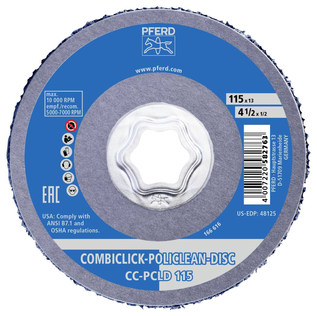 'CombiClick-PoliClean-Disc CC-PCLD 115' brusný kotouč s max. 13.000 ot./min. Ø 115 mm, šířka 13 mm, pro obrábění kovů, značka: PFERD.