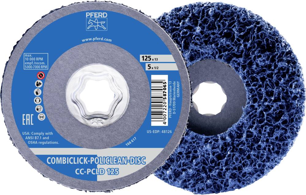 'COMBICLICK-PoliClean-Disk' od firmy PFERD, disk s hrubou modrou strukturou, vhodný pro obrábění kovů při maximálně 12.000 ot./min.