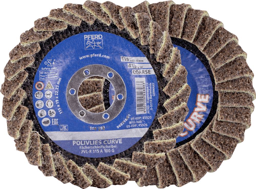 'POLIVLIES® Curve' vějířovité brusné kotouče s hrubým brusným povlakem. Dva vyobrazené, nápis: 115x22,23 mm, Moskva, Turecko, 45212.