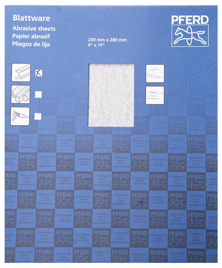 Balení brusného papíru 'PFERD Blattware' v modré barvě, velikost 230 mm x 280 mm. Obsahuje ilustrace použití.