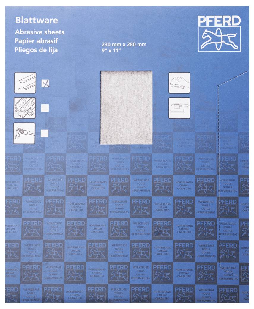 Balení smirkového papíru značky 'Pferd', modré s průhledným okénkem. Etiketa: 'Blattware', rozměry: 230 mm x 280 mm, vícejazyčné.