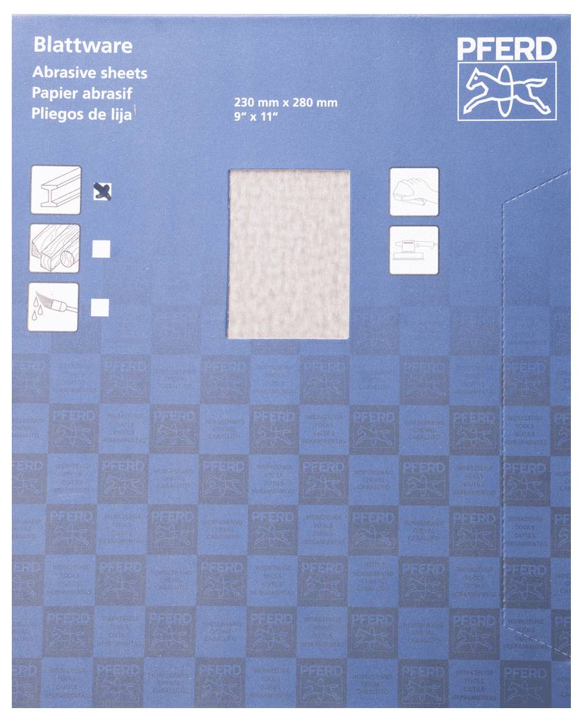 Obal 'PFERD' pro brusný papír, 230 x 280 mm, zobrazující detaily loga a informace o oblastech použití, modrém pozadí.