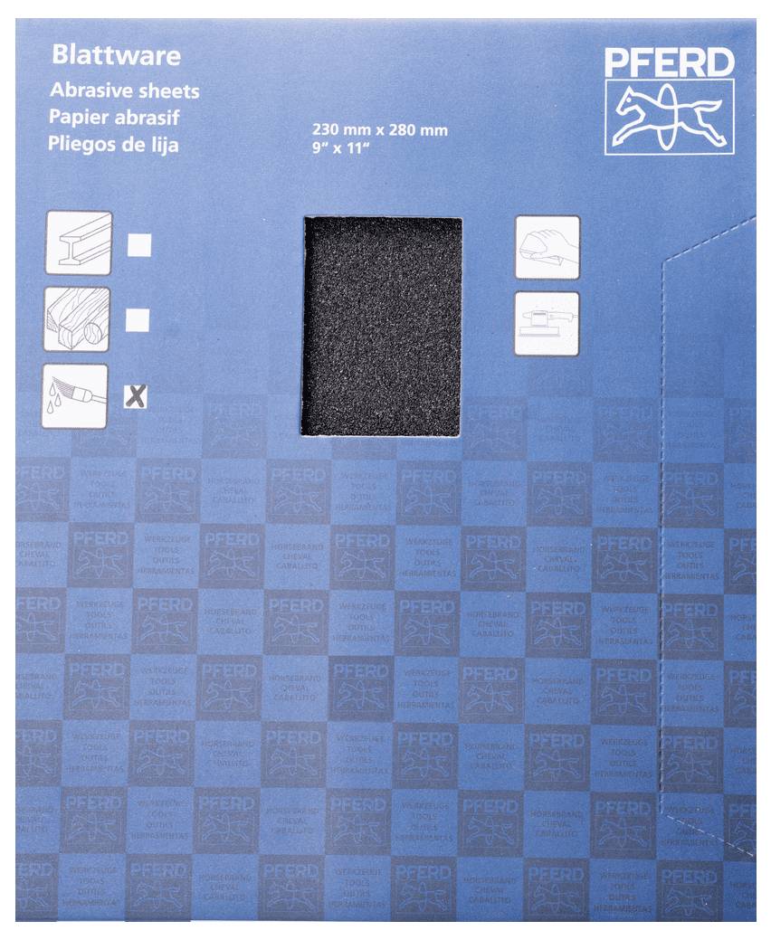 Balení brusného papíru značky 'Pferd', rozměr 230 mm x 280 mm, s ilustracemi použití, modré designové provedení.