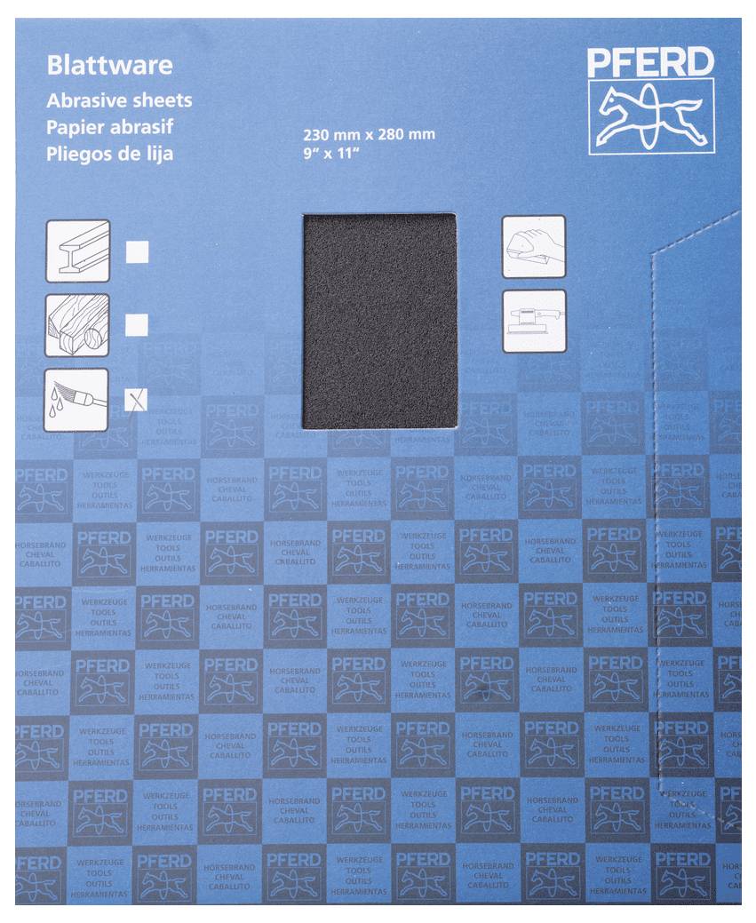 Balení s modrým designem zobrazuje brusný papír značky 'PFERD', rozměry 230 mm x 280 mm. Obsahuje symboly použití pro dřevo a kov.