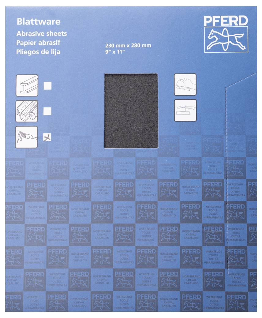 Balení brusného papíru značky Pferd, rozměry 230x280 mm, 9x11 palců, modré provedení s produktovými informacemi v několika jazycích.