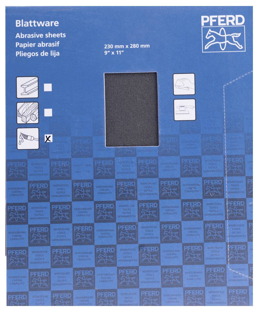 Modrý karton s logem koně, zobrazuje brusný papír značky PFERD, velikost 230 mm x 280 mm. Aplikační obrázky a text v několika jazycích.