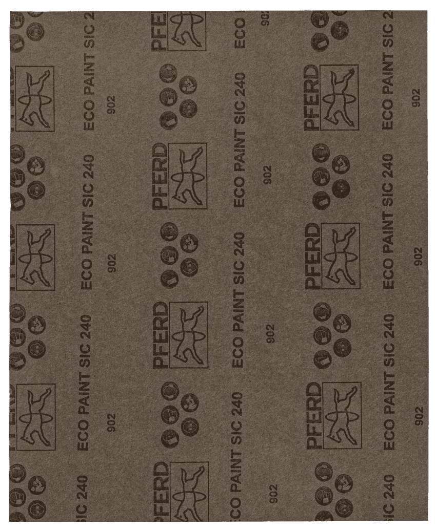 Hnědý smirkový papír s potiskem 'Kůň ECO Paint SIC 240'. Stylizované koně a symboly se opakují po celém povrchu.