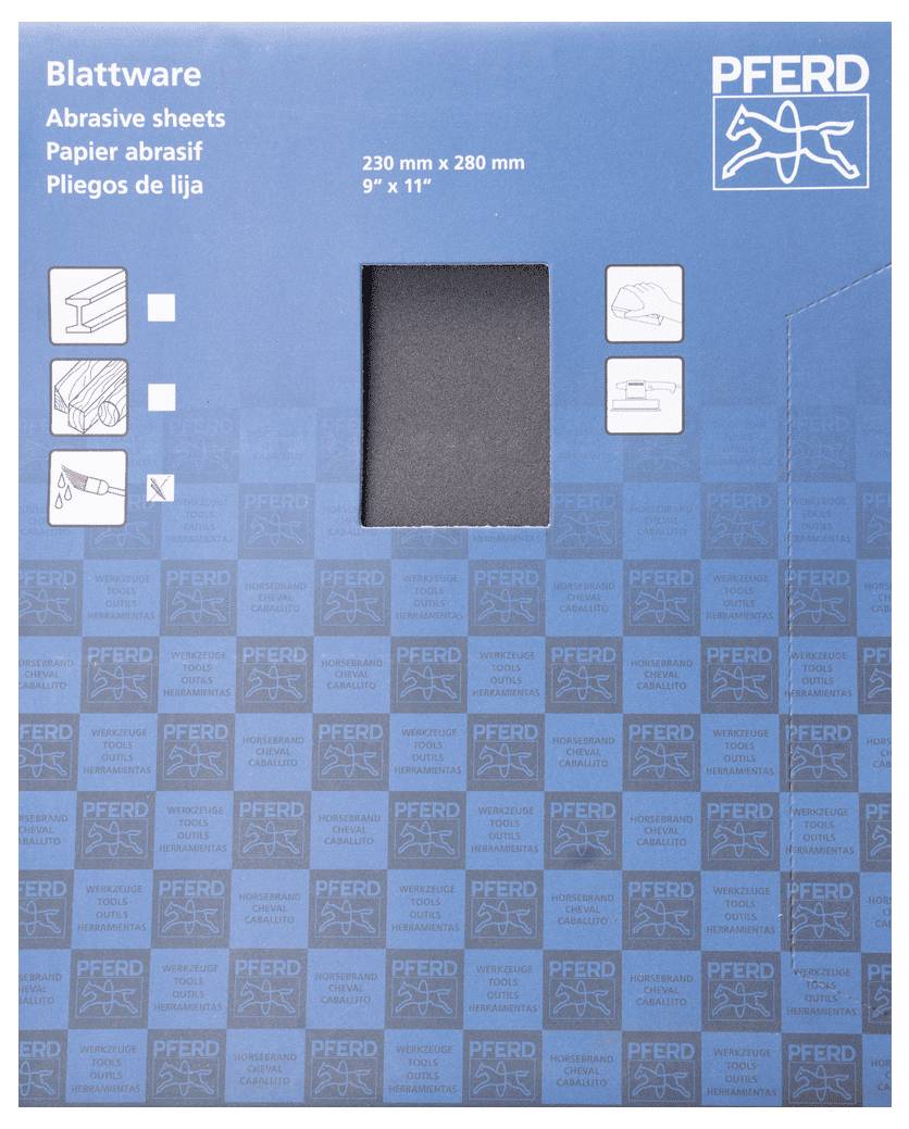Balení brusného papíru "Pferd", rozměr 230 mm x 280 mm, s průhledným okénkem a popisem výrobku v několika jazycích.
