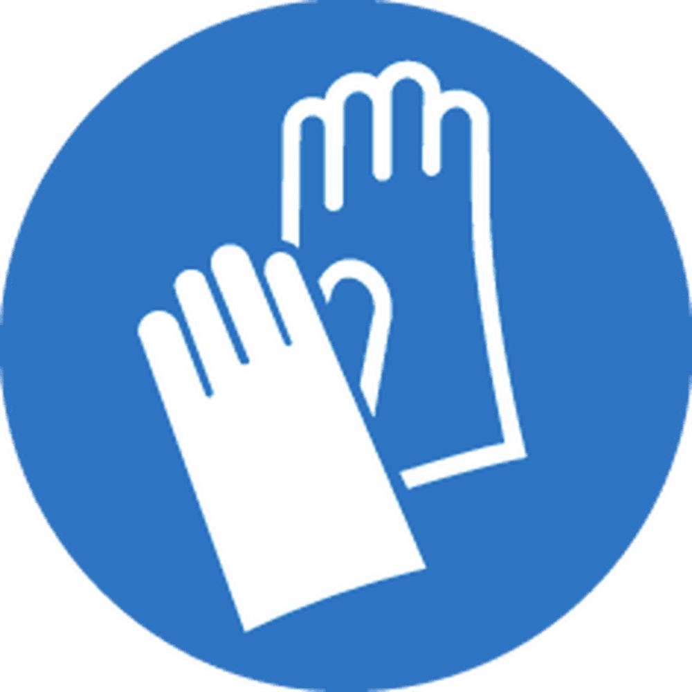 Symbol zobrazuje dvě rukavice. Znamená 'Používat ochranné rukavice', používá se v bezpečnostních pokynech v pracovních prostorách.