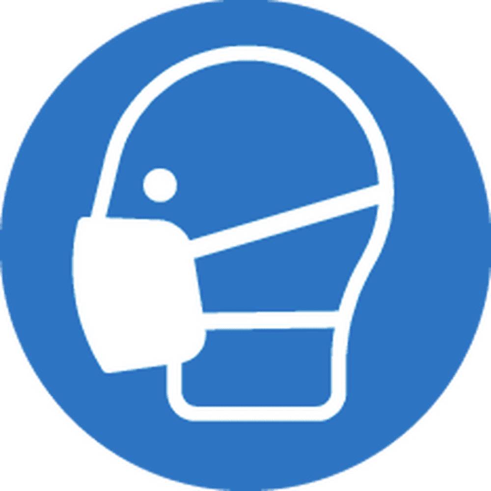 'Piktogram hlavy s bílou maskou na modrém pozadí. Symbolizuje nošení ochrany úst a nosu.'