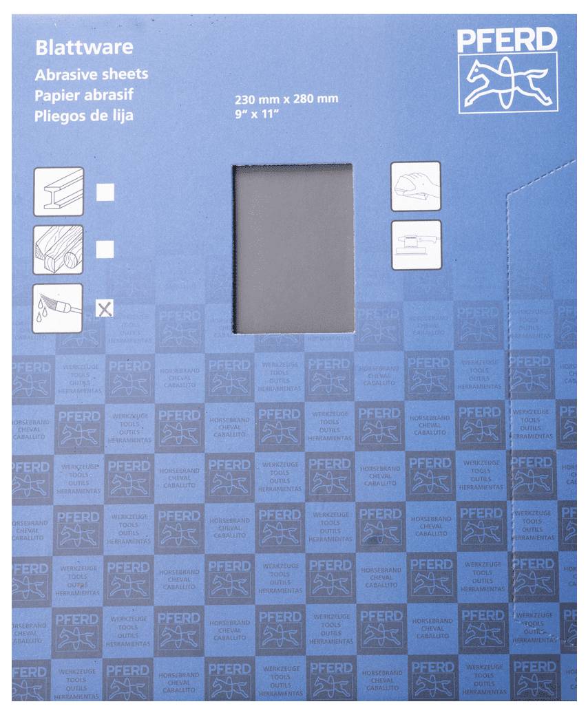 Obal 'PFERD Blattware' na brusný papír. Rozměry 230 mm x 280 mm. Potisk se symboly pro použití.
