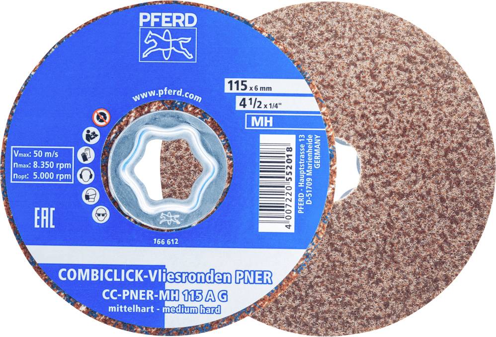 Brusný kotouč s modrým středem. Potisk: 'Kůň', 'CombiClick-plstěné kotouče PNER', 115 mm, středně tvrdý, max. 8.350 ot./min.