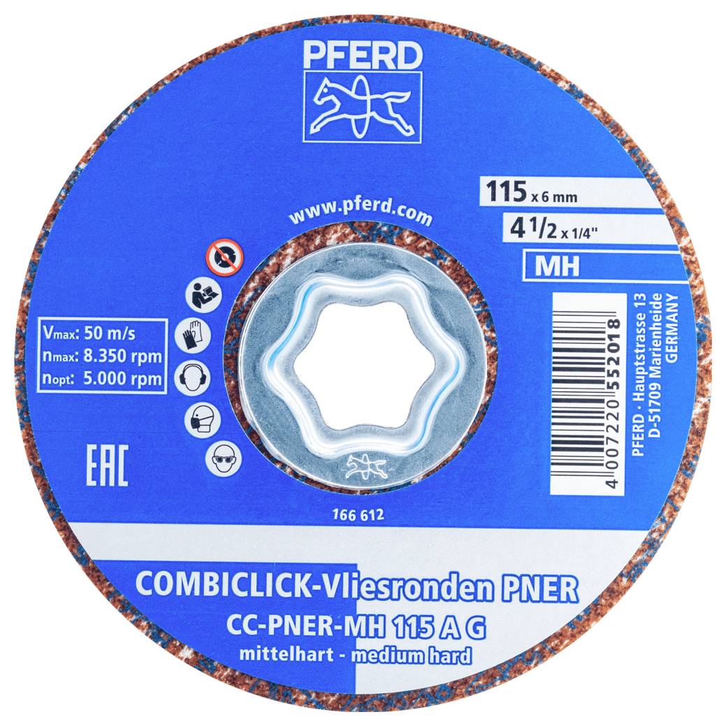 'COMBICLICK-Vliesronden PNER' brusný kotouč, průměr 115 mm, středně tvrdý, 41/2 × 1/4 palce, max. 8 350 ot./min. Značka 'Pferd'.