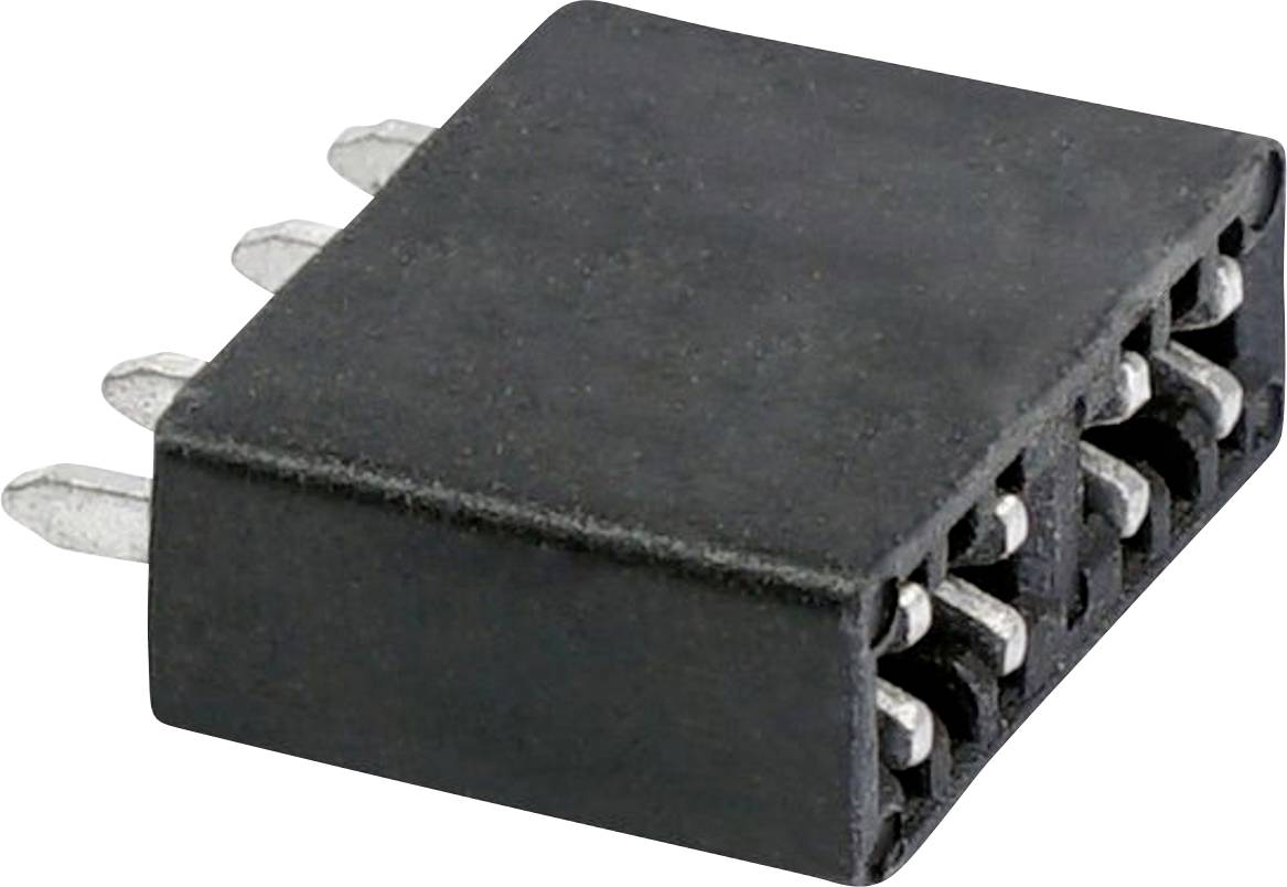 Černý elektronický konektor s několika kovovými kolíky, vhodný pro připojení k elektronickým obvodům nebo zařízením.