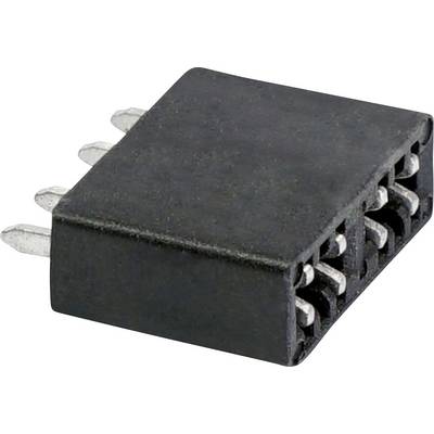 Černý elektronický konektor s několika kovovými kolíky, vhodný pro připojení k elektronickým obvodům nebo zařízením.