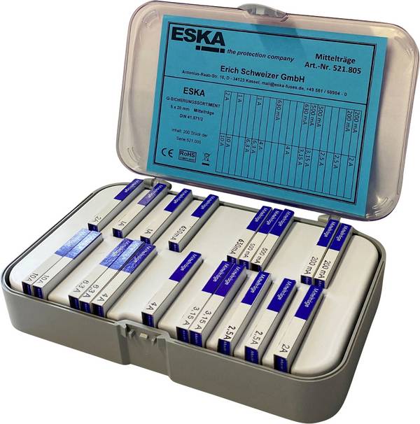 ESKA  521805    nabídka pojistek  (Ø x d) 5 mm x 20 mm      středně pomalá -mT-  Množství 200 ks  Package