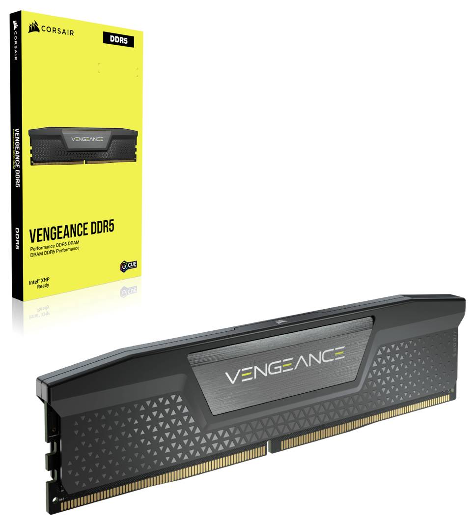 Paměťový modul RAM Corsair Vengeance DDR5 v černém designu před žlutým obalem s specifikacemi pro vysoký výkon a rychlost.