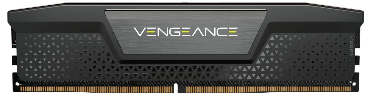 Paměťový modul DDR4 RAM od Corsairu, model 'Vengeance', s černým chladičem a žlutým akcentem, známý vysokým výkonem a spolehlivostí.