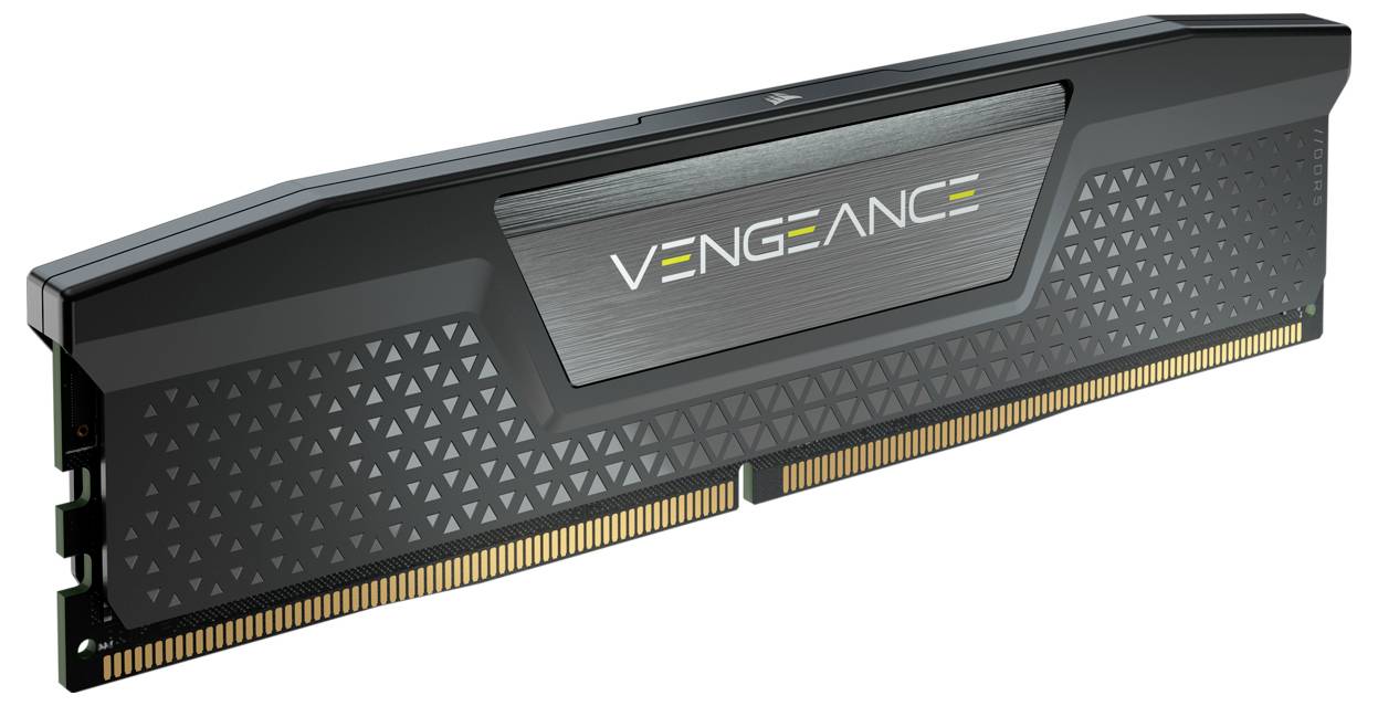 Paměťový modul RAM s nápisem 'Vengeance', černý design se zlatými kontakty dole. Primárně určený pro počítačový hardware.
