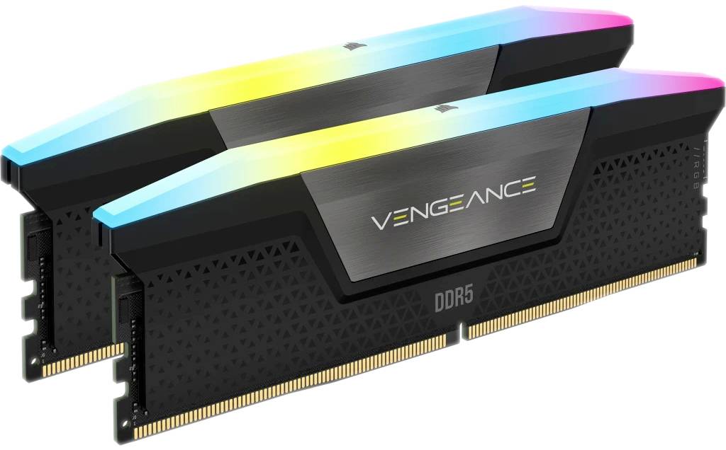 Dva moduly operační paměti Corsair Vengeance DDR5 s RGB podsvícením a černým designem, vhodné pro výkonné počítače.