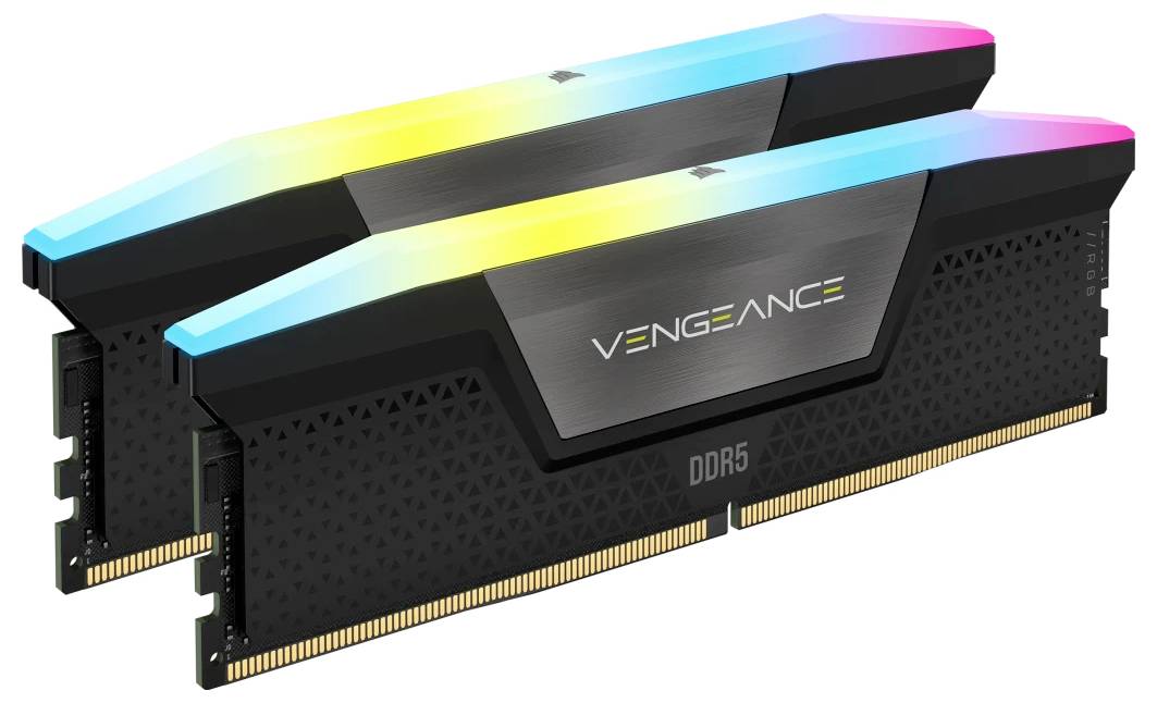 Dva moduly operační paměti Vengeance DDR5 s RGB podsvícením. Jsou navrženy pro vysoce výkonné počítače nebo herní sestavy.