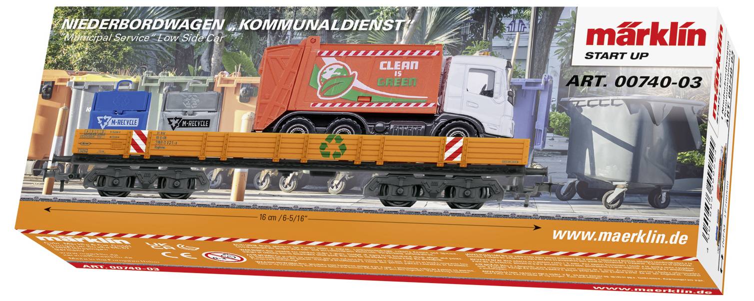 Přepravní vůz 'Niederbordwagen Kommunaldienst' v modelovém balení zobrazuje nákladní vůz s kontejnerem na odpad. Značka 'Märklin START UP'.