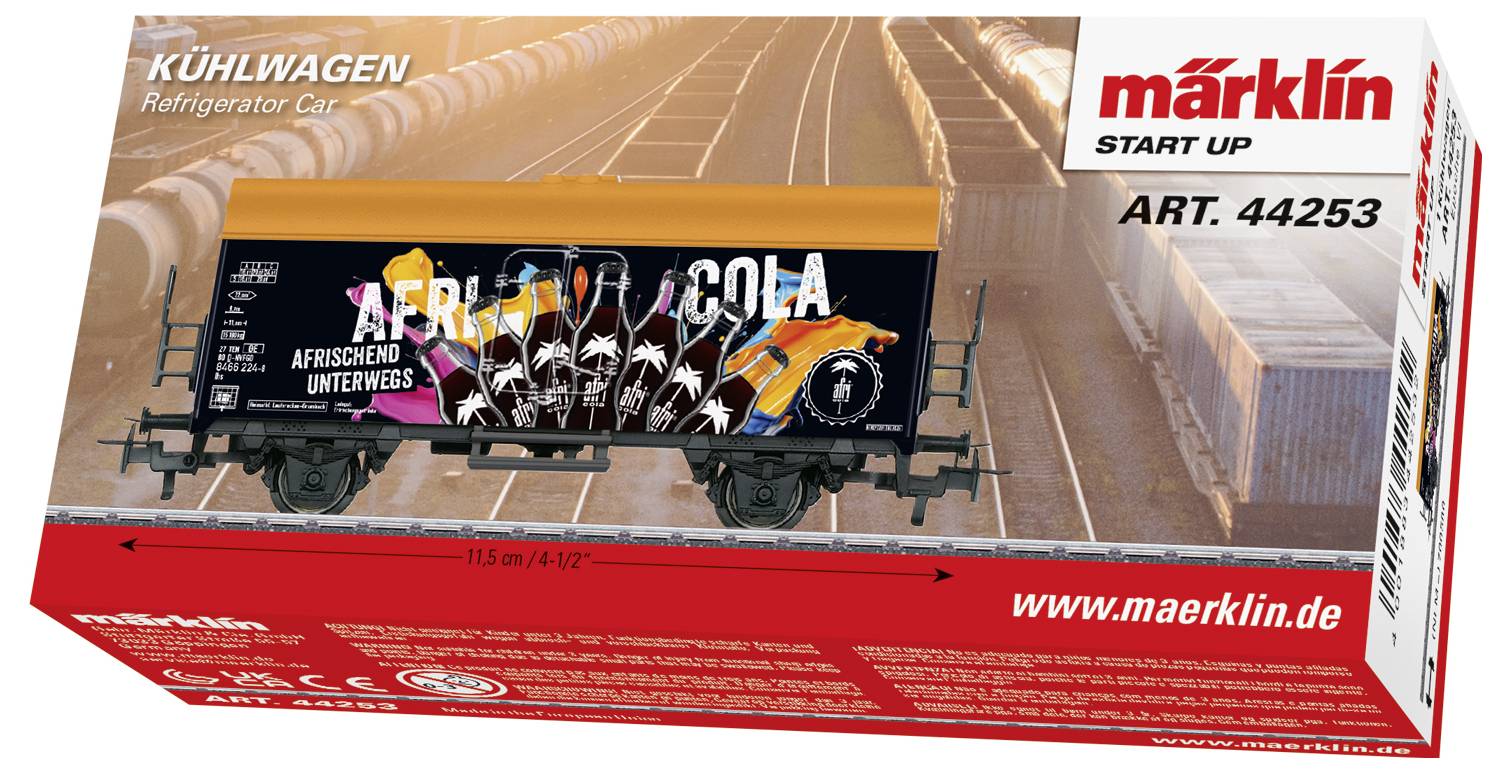Modelový chladicí vůz od Märklinu s barevnou grafikou a nápisem 'Xerxes Cola'. Zabalený v červené krabici, katalogové číslo 44253.