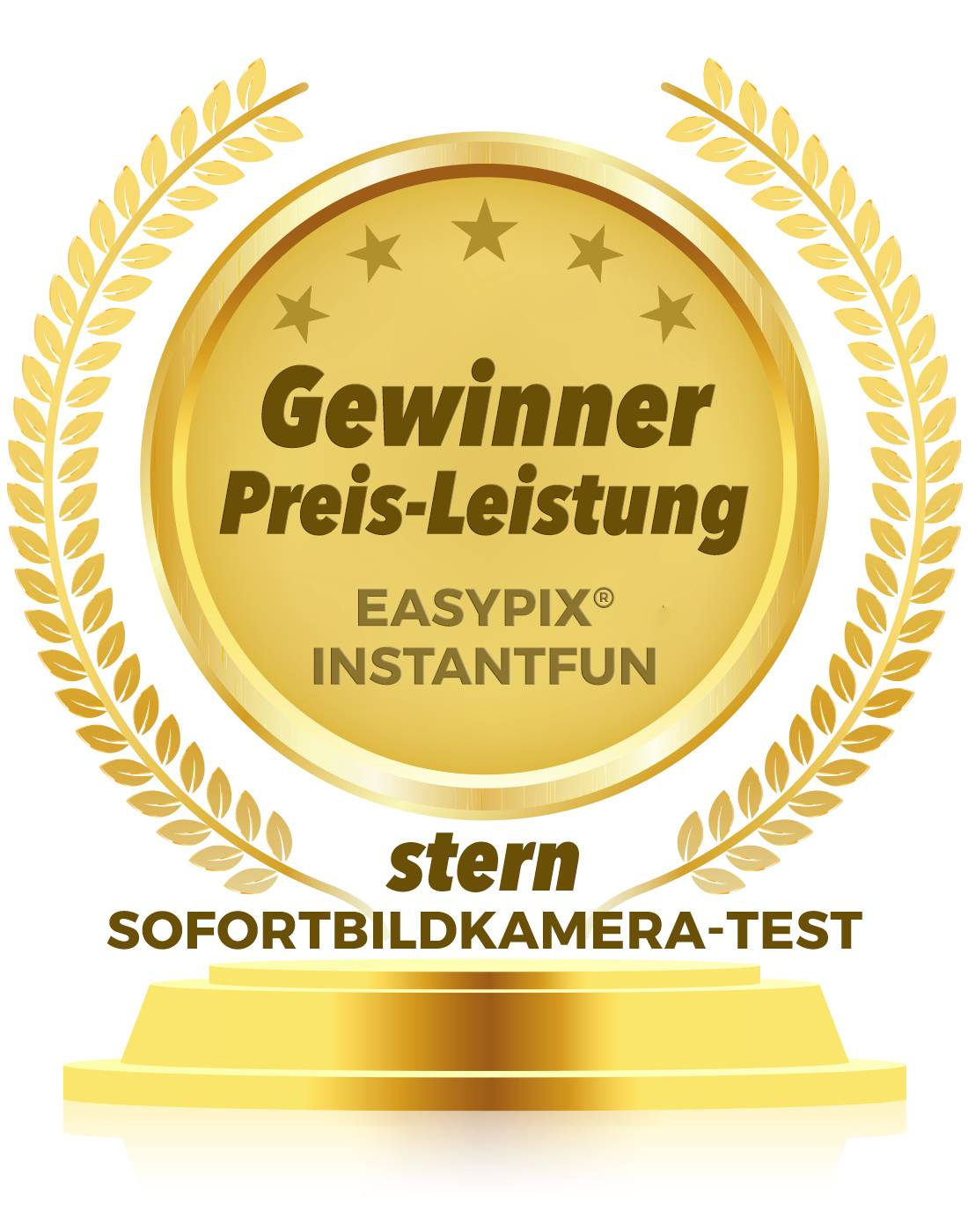 Zlatý emblém s nápisem 'Vítěz Poměr ceny a výkonu, Easypix Instantfun, stern test instantní fotoaparát'.