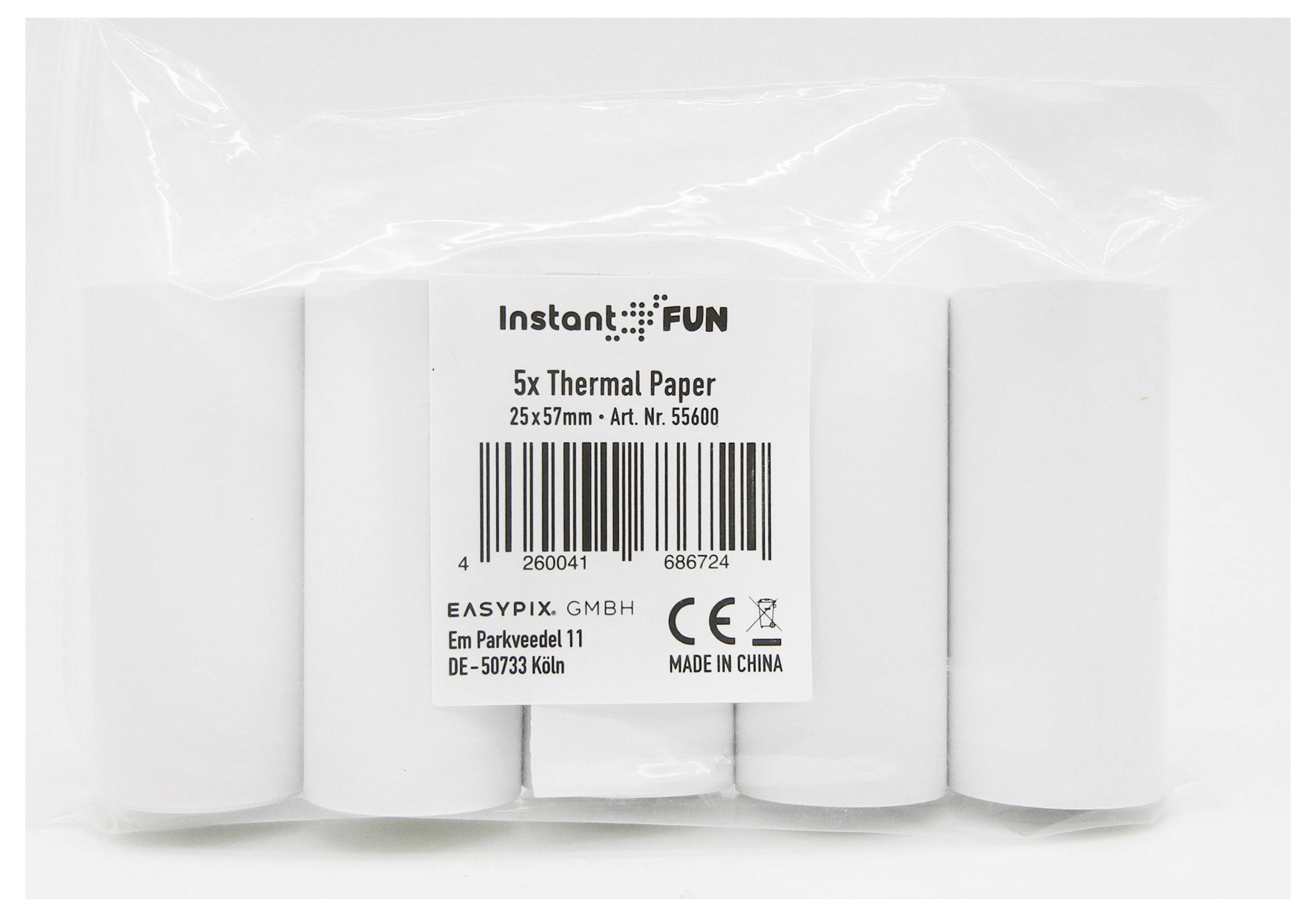Pět rolí termopapíru v bílém obalu, s nápisem '5x Thermal Paper', rozměr 25x57mm, katalogové číslo 55600, vyrobeno v Číně.