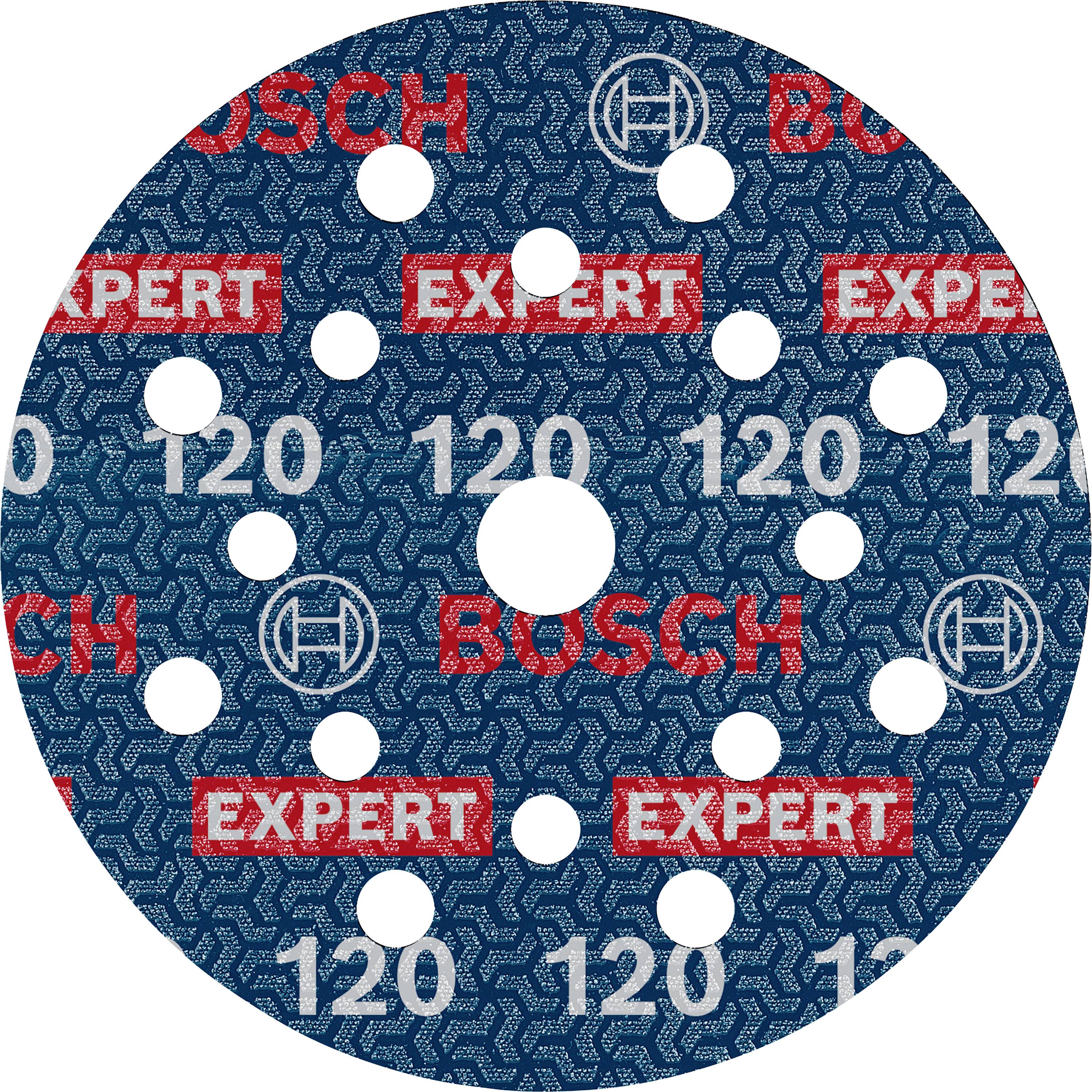 Kulatý brusný kotouč s nápisem 'BOSCH', 'EXPERT' a '120'. Obsahuje několik otvorů pro odsávání prachu během broušení.