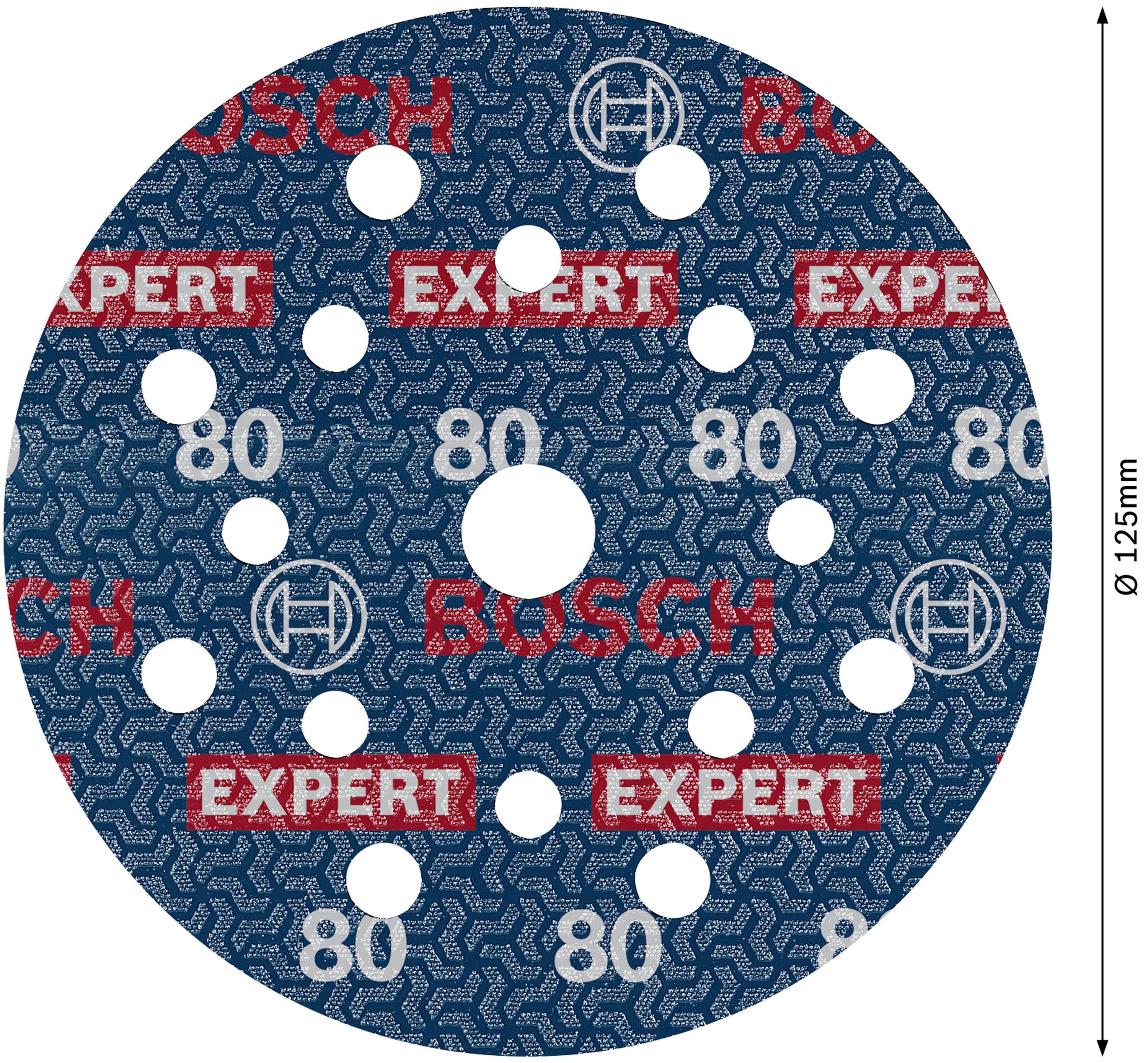Kulatý brusný papír s několika otvory, potištěný nápisem 'EXPERT', 'BOSCH' a '80', s průměrem 125 mm.