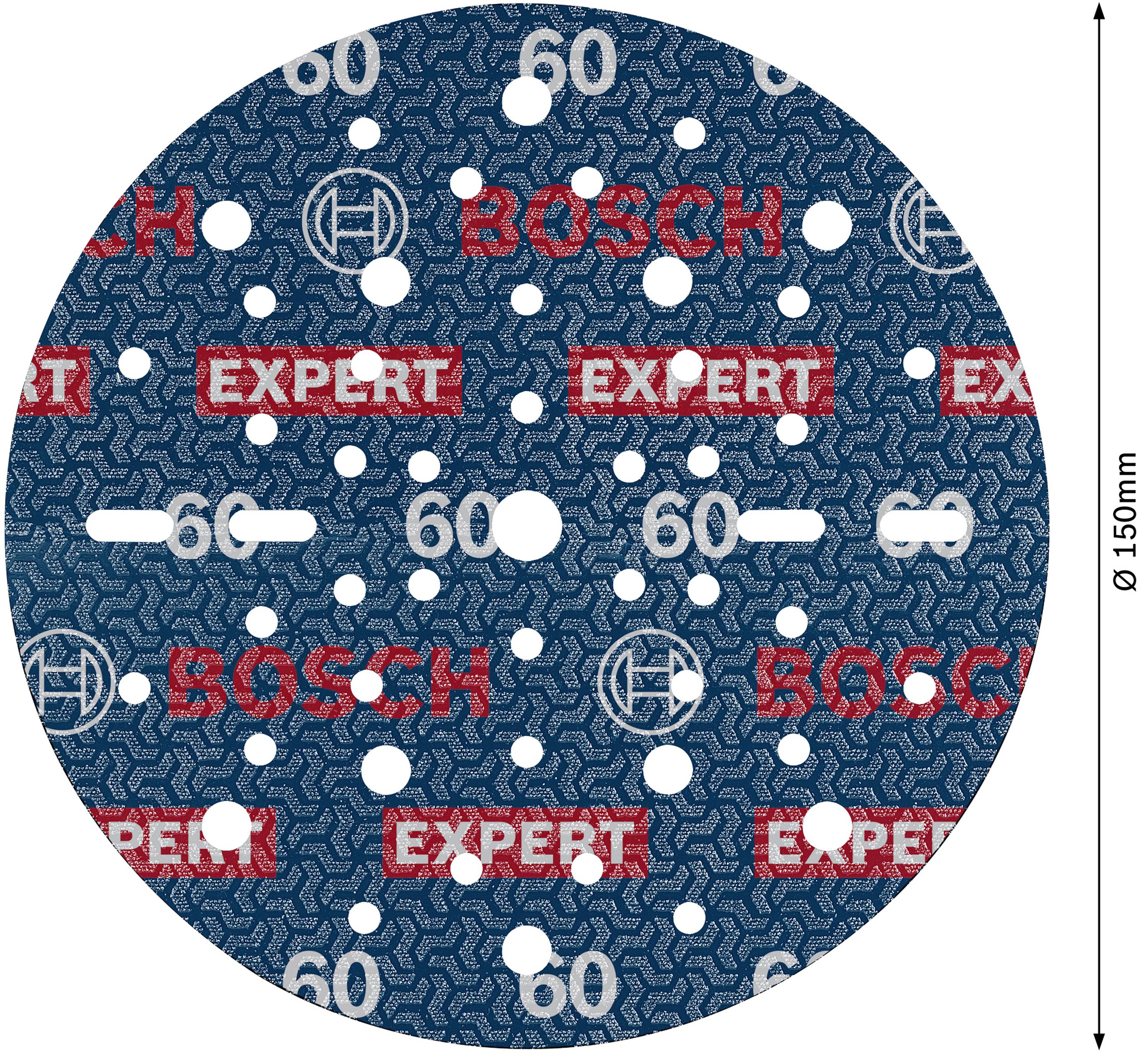 Brusný kotouč značky Bosch, Ø 150 mm, zrnitost 60, s několika otvory pro odsávání prachu, viditelná firemní loga 'BOSCH' a 'EXPERT'.