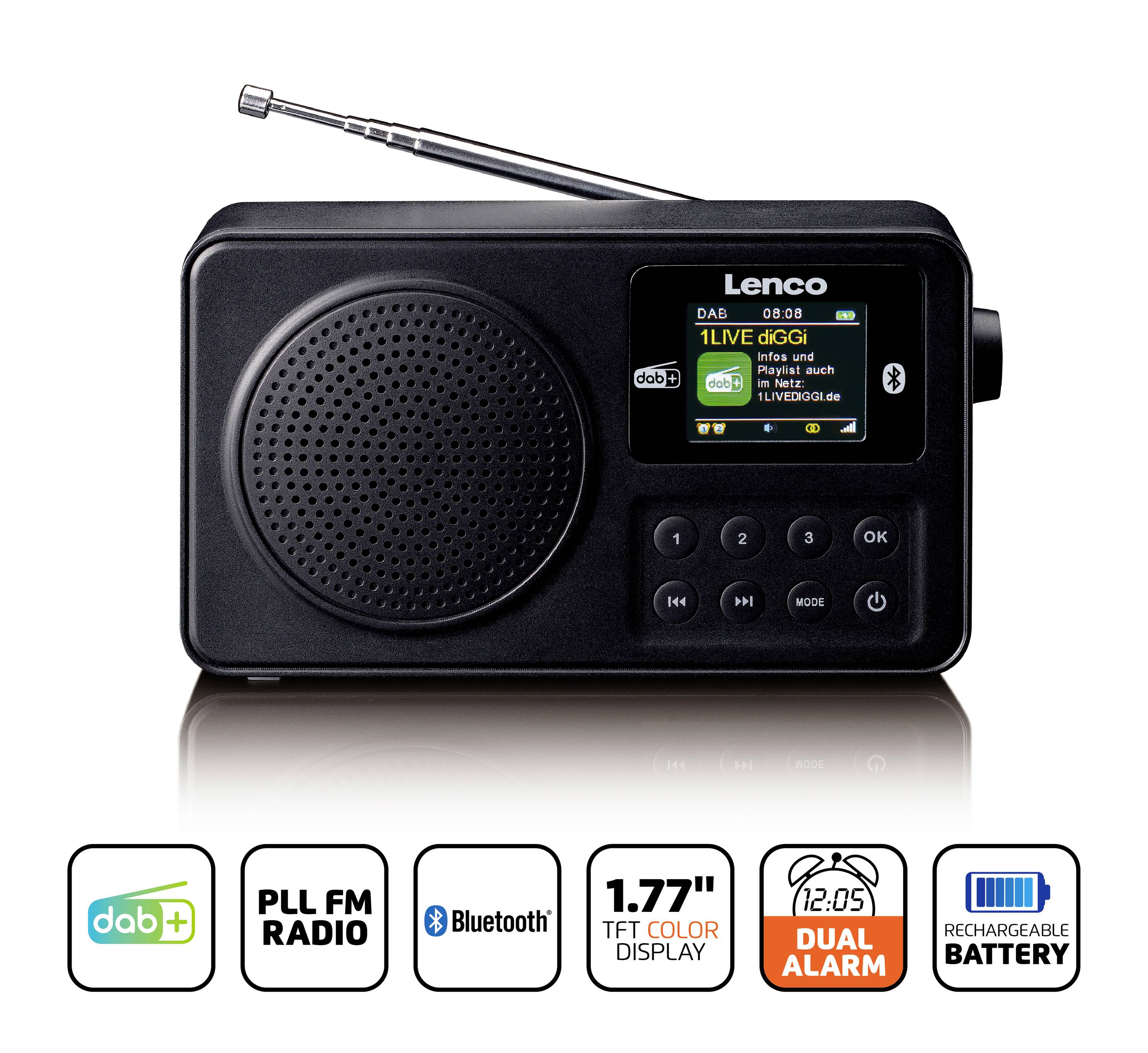 Černé přenosné rádio s displejem zobrazujícím '1LIVE DIGGI'. Podporuje DAB+, FM, Bluetooth, má dual budík a dobíjecí baterii.