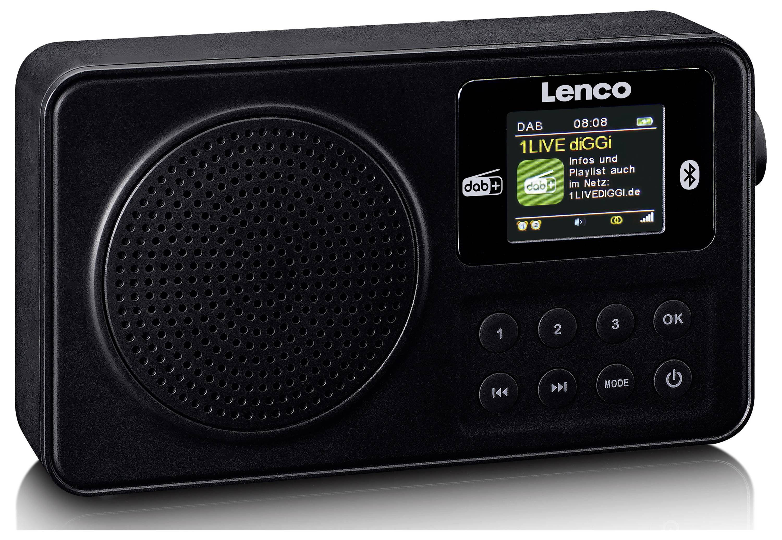 Přenosné DAB rádio s displejem. Display zobrazuje '1LIVE'. Vlevo je reproduktor, vpravo ovládací tlačítka pro nastavení.