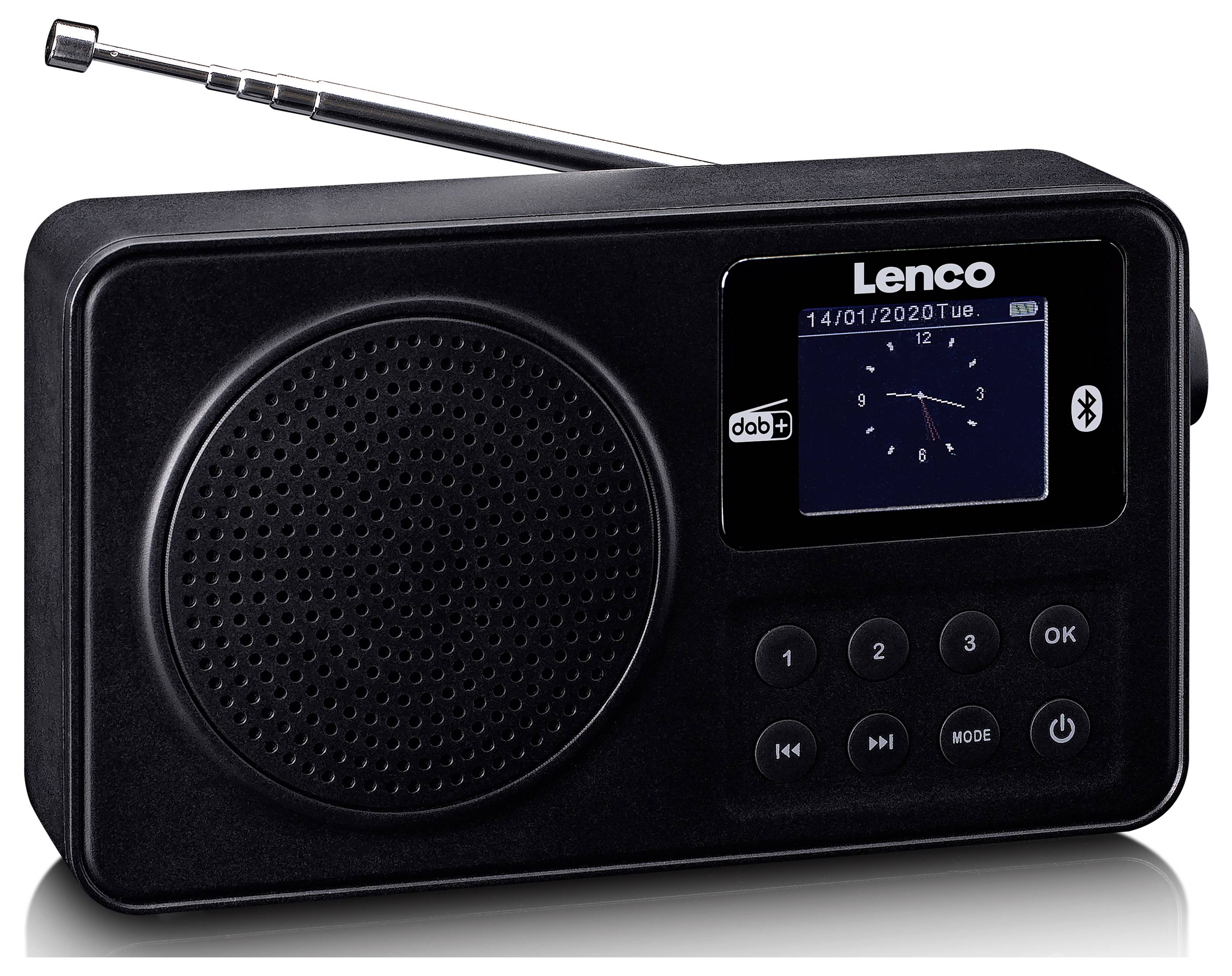 Černé přenosné rádio s displejem zobrazuje datum '14/01/2020 Úterý', čas a symbol Bluetooth. Ovládací tlačítka jsou umístěna dole.