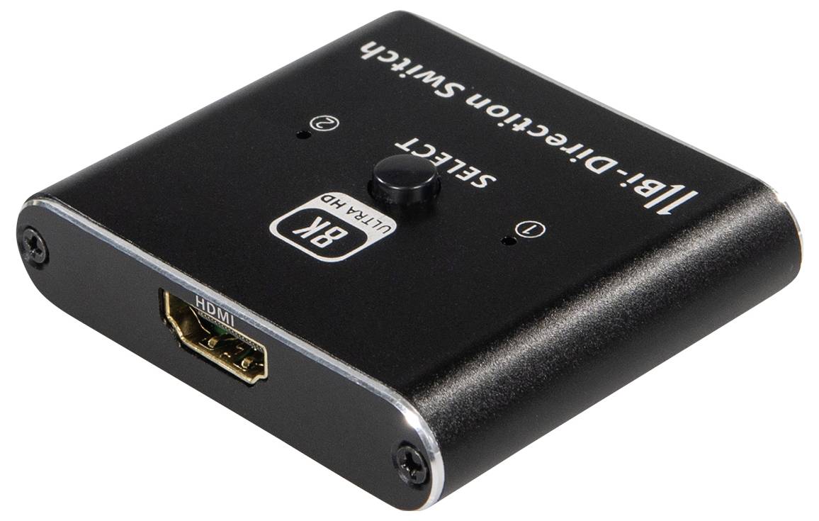 HDMI switch s černým pouzdrem, s potiskem 'BK Ultra HD', s jedním HDMI vstupem a výstupem a přepínačem pro přepínání signálu.